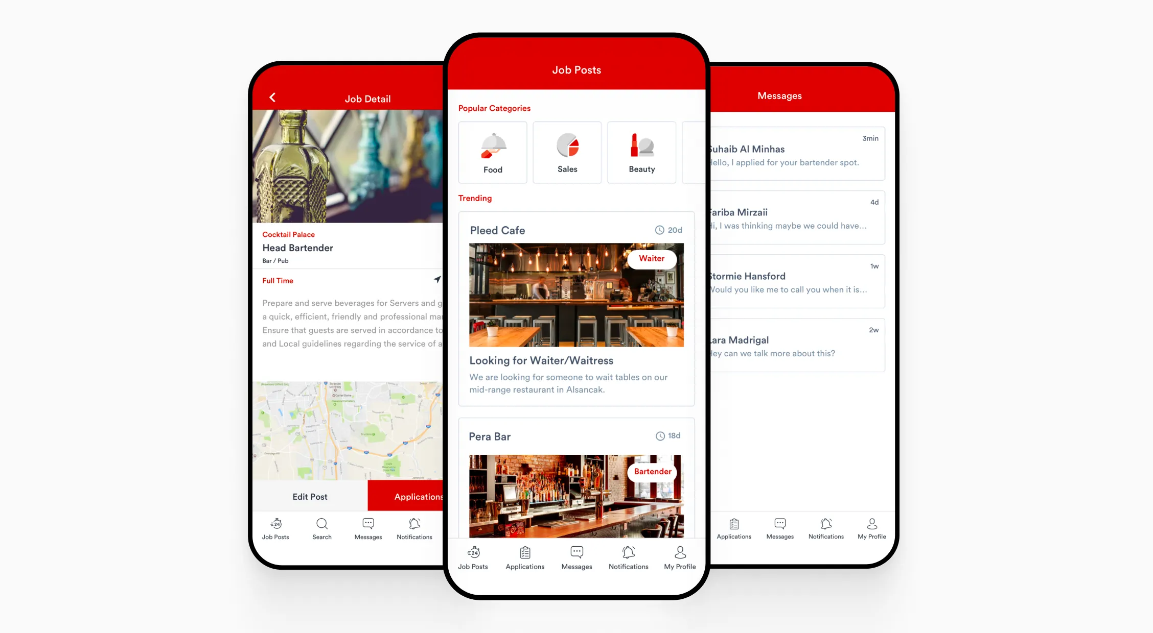 Bonded job details, categories, and messaging screens