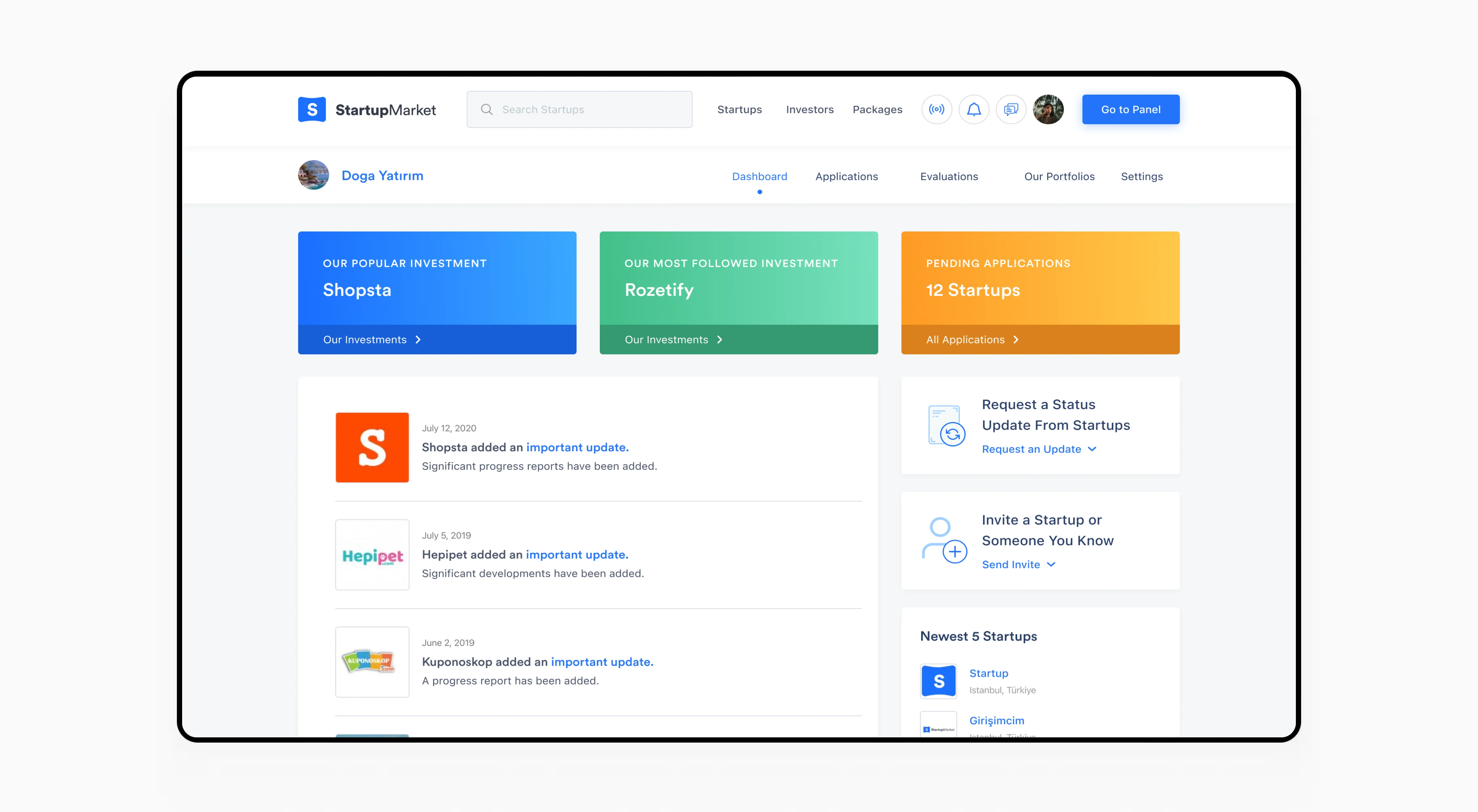 StartupMarket dashboard