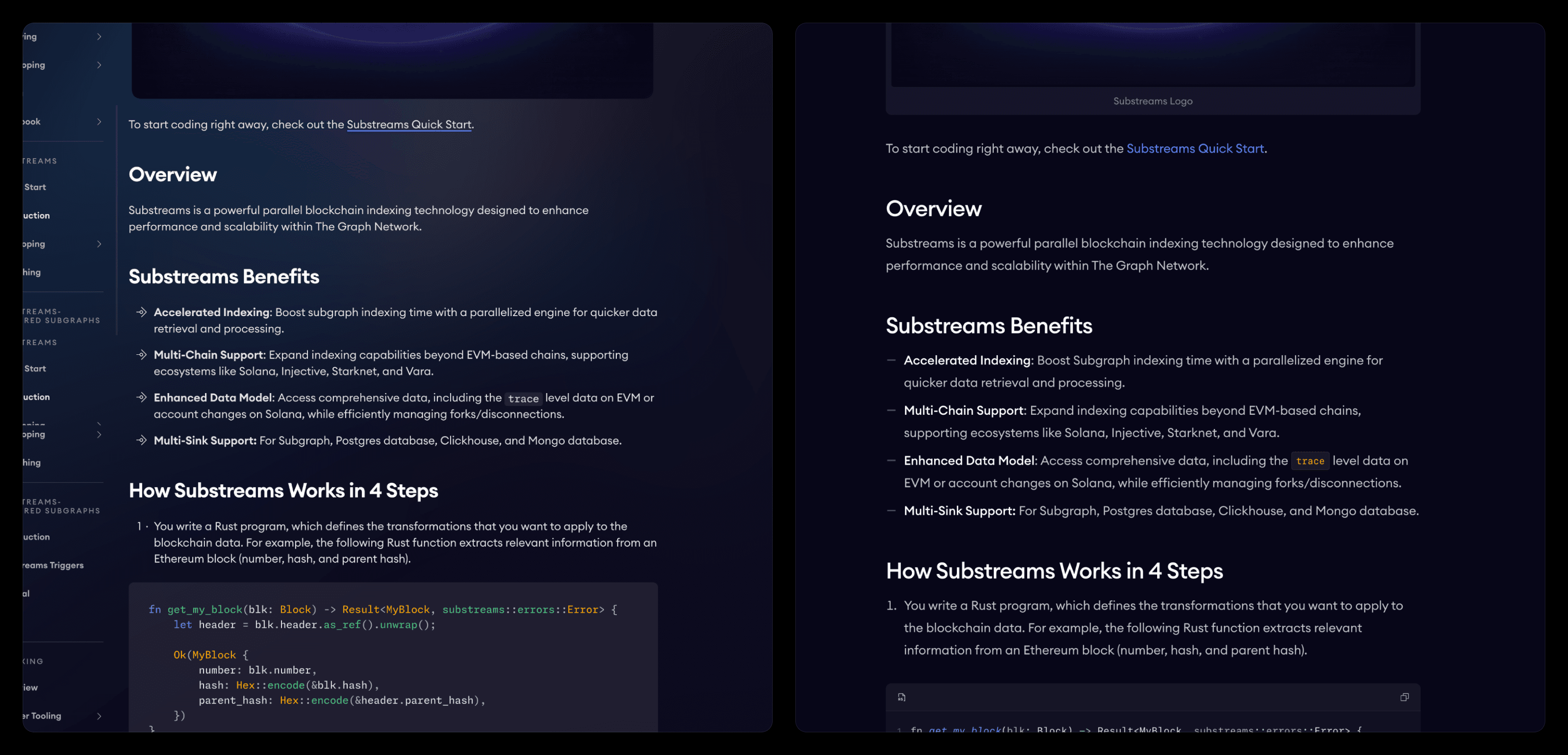 Substreams page comparison
